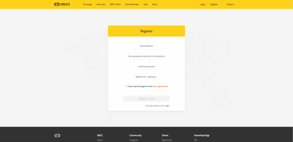 Для регистрации на бирже ABCC нужно ввести e-mail, пароль и реферальный ID